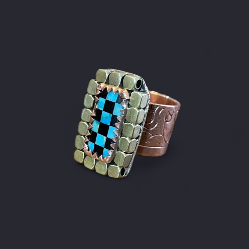 Turquoise & Onyx Checkerboard Ring – Mixed Metal Statement Ring, Size 7.5 - Picture 6 of 6